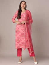 Women Pink Viscose Rayon Geometric Printed Straight Kurta Trouser With Dupatta-VKSKD1990